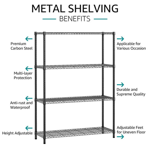 Beefy 1400 Lbs Garage Shelving Unit With 4 Tier Heavy Duty Metal Wire Racks, Carbon Steel Construction, front view