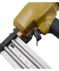 Close-up of No Sweat Heavy Duty Oil Free Pneumatic Staple Gun F50 Air Brad Nailer showing trigger and driver set.