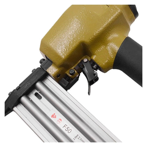 Close-up of No Sweat Heavy Duty Oil Free Pneumatic Staple Gun F50 Air Brad Nailer showing trigger and driver set.