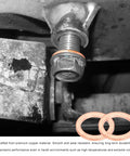 Close-up of installed Oil Drain Plug Gasket Set 14mm Copper Crush Washers Replacement For Automotive Engines Leak Free Seal
