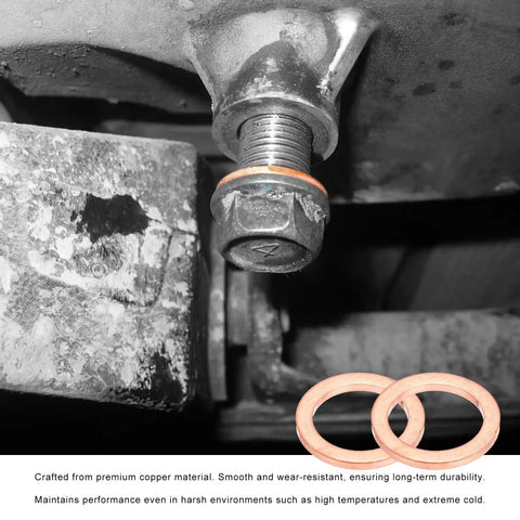 Close-up of installed Oil Drain Plug Gasket Set 14mm Copper Crush Washers Replacement For Automotive Engines Leak Free Seal