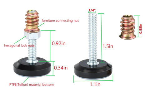 Adjustable PTFE Furniture Levelers 8 Pack With Nut Inserts For Tables And Chairs Bottomed Glide Pads That Protect Hardwood Floors And Level Uneven Surfaces With Easy Height Adjustment From 0.34 To 1.6 Inches