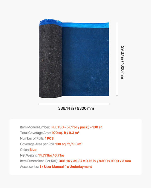 Heavy Duty Floor Underlayment Roll 3 Mm Thick Laminate Flooring Padding With Vapor Barrier, blue color, 100 sq ft coverage.