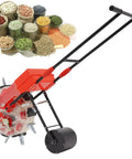 Manual Seed Planter With 10 Nozzles Roller Seeding System, walk-behind design with seed sacks in background