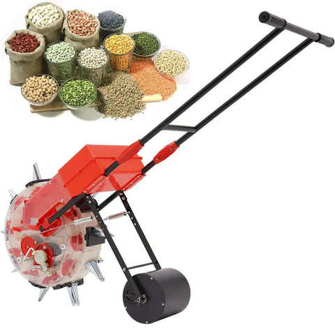 Manual Seed Planter With 10 Nozzles Roller Seeding System, walk-behind design with seed sacks in background