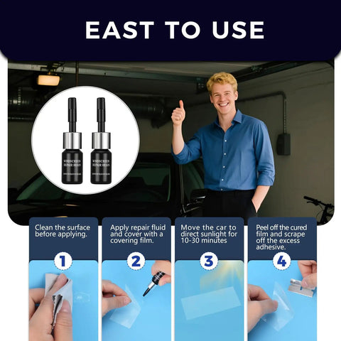 Windshield Chip Repair Kit For Cars With Clear Nano Resin To Fix Chips And Cracks In Auto Glass Easy DIY Quick Fix For Bullseyes Half Moon Cracks Star Damage And Scratches Under 12 Inches steps and instructions with man demonstrating.