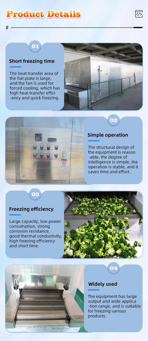 Heavy Duty Tunnel Freezer With Rock Solid Conveyor Belt For Quick Freeze Meat Seafood And Veggies Industrial Iqf Rapid Freezing Machine overview with broccoli