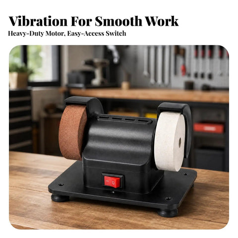 Compact Dual Disc Mini Bench Grinder With Pure Copper Motor scrapes rust and hones edges flawlessly, featuring two grinding wheels.
