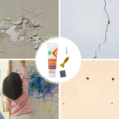 Fast Drying Wall Repair Paste Crack Filler Kit For Drywall Holes Patches In Home Living Room Kitchen Basement Garage Office Apartment Dorm Easy Fix With Strong Adhesion To Plaster And Wood For A Smooth Professional Finish with tools and damage examples.