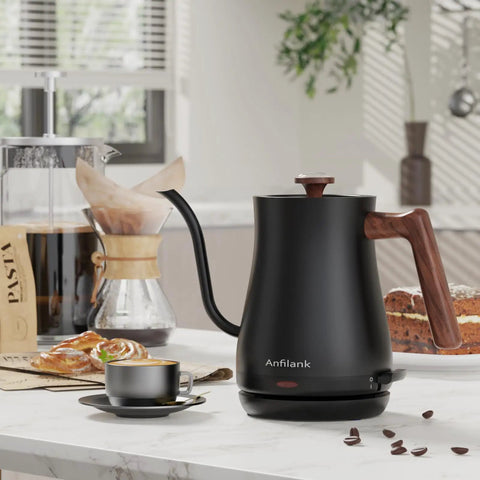Gooseneck Electric Kettle With Built In Thermometer 0.8L 1200W Fast Heat For Coffee And Tea Precision Pour No Fuss Auto Shut Off Dry Boil Protection Stainless Steel on kitchen counter with coffee setup.