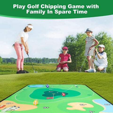 Family enjoying Ultimate 70 by 70 Inch Golf Chipping Game Mat for indoor and outdoor practice in a green park