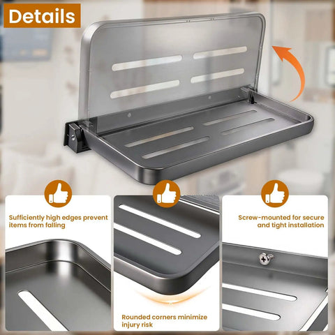 Super Sleek Aluminum RV Folding Wall Shelf With Hidden Drop Down Design close-up of high edges and screw mount for secure installation.