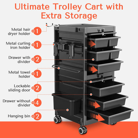 Six Drawer Rolling Salon Cart With Lockable Wheels 360 Degree Swivel Adjustable Divider Storage For Tools 33 Inch Tall Mobile Barber Station Hairdressing Equipment Cart On Swivel Casters Black with numbered features