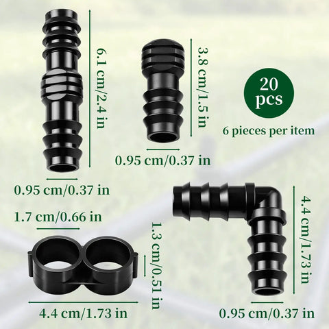 Detailed view of All In One Drip Irrigation Fittings Kit For Half Inch Tubing with sizes and connectors labeled, 20-piece set.