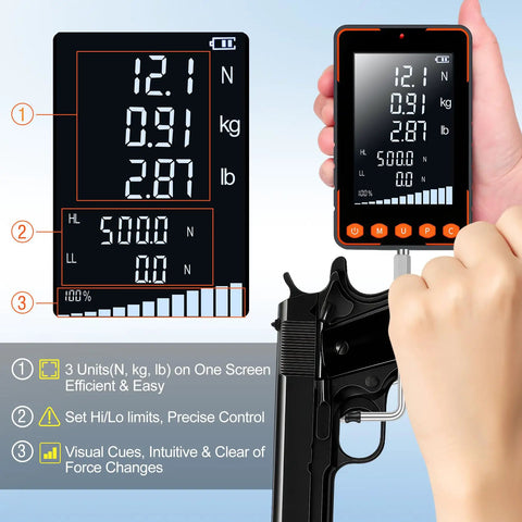 Pro Grade Digital Trigger Pull Gauge And Force Meter With 500N Capacity Big LCD Display Shows N Kg And Lb In Real Time Peak And Auto Peak Modes Data Software Calibration Certificate Great For Push Pull Tests And Quality Control. Handheld LCD gauge with trigger fixture and force readings.