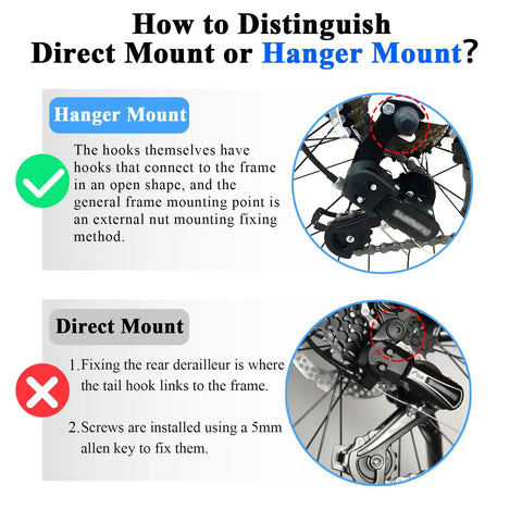 Diagram showing direct vs hanger mount for Rear Derailleur RD TY21B 6 And 7 Speed Replacement For Mountain Bikes, Cruisers, Commuters.