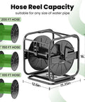 Garden Hose Reel With 360 Degree Swivel Base Holds 100 To 200 Ft Hoses Upgraded Guide System Includes 5/8 Inch By 6 Foot Leader Hose Wall Mount Or Floor Spool For Outdoor Yard No Fuss Roll And Neat Water Setup showing hose capacities.