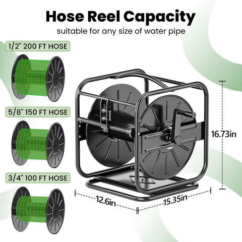 Garden Hose Reel With 360 Degree Swivel Base Holds 100 To 200 Ft Hoses Upgraded Guide System Includes 5/8 Inch By 6 Foot Leader Hose Wall Mount Or Floor Spool For Outdoor Yard No Fuss Roll And Neat Water Setup showing hose capacities.