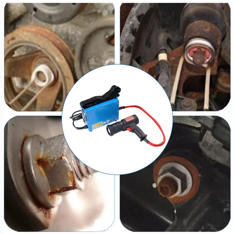 Heavy Duty 1500W Magnetic Induction Heater For Auto Repair in use on rusted bolts and nuts, showcasing coils and heating tool.