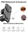 Road Ready Waterproof Cigarette Lighter Socket Splitter With Straight Up Beast Mode Charging QC 3.0 Dual Usb Ports And Sweet Blue Led Rocker Switch Panel, showcasing dual USB ports and protections against dust and water.