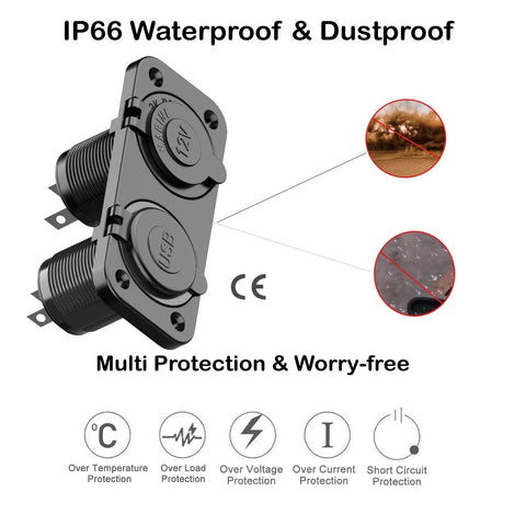 Road Ready Waterproof Cigarette Lighter Socket Splitter With Straight Up Beast Mode Charging QC 3.0 Dual Usb Ports And Sweet Blue Led Rocker Switch Panel, showcasing dual USB ports and protections against dust and water.