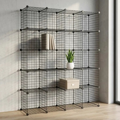 20 Grid Wire Mesh Storage Organizer With Interlocking Cube Panels For Tool Sorting Gear Tidy And Closet Makeovers Black Rack in a modern setting.