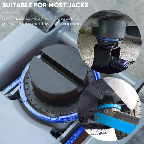 Rubber jack stand pads and adapters, 8-pack for universal frame rail pinch-weld protection; mounted on a jack.