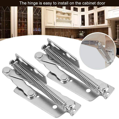 Close-up of Heavy Duty Up Spring Hinge Set for Cabinets 80 Degree Under Cabinet Hinges with inset showing cabinet application