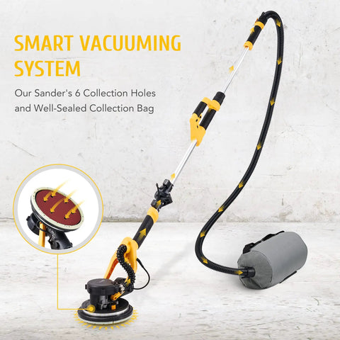 Six Speed Drywall Sander With Vacuum Attachment And LED Lights Extendable Handle Dust Collection And Six Sanding Discs Powerful Tool