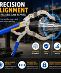 Heavy Duty Trailer Axle Spindle Alignment Clamp Weld On Spindle Jig Holds Dead Nuts Square For Straight Toe And Camber Setup Fits 3 To 5 Inch Round Tubes industrial steel frame in use with spindle.