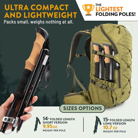 Foldable Hiking Poles For Travel And Trekking, Go-To Adjustable Aluminum Trekking Poles With Cork Grips shown beside backpack.