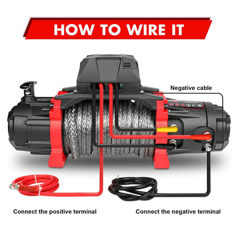 Beefed Up Heavy Duty 13500 Pound Electric Winch For Off Road Recovery with wiring diagram showing positive and negative cable connections.