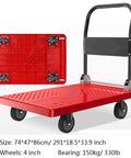 Heavy Duty Foldable Platform Truck Dolly With Four Quiet Ball Bearings And Rugged Plastic Deck For No Sweat Hauling And Quick Fold Storage In Every Home Space, red cart with 4 inch wheels.
