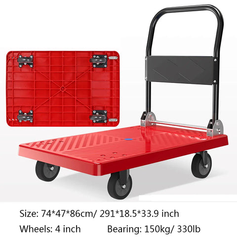 Heavy Duty Foldable Platform Truck Dolly With Four Quiet Ball Bearings And Rugged Plastic Deck For No Sweat Hauling And Quick Fold Storage In Every Home Space, red cart with 4 inch wheels.