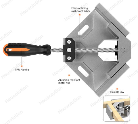 Two Pack Right Angle Clamp For Woodworking, 90 Degree Aluminum Corner Clamp with details of handle, jaw, and arbor