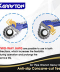 Heavy Duty Chain Pipe Wrench With 36 Inch Chain, anti-slip jaws detail, fits 4.3 to 7.5 inch pipes, powder coated finish