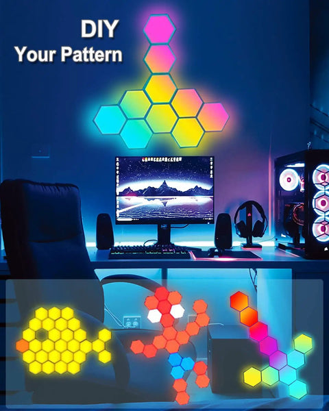 Hexagon Led Light Panels RGBIC Mood Lighting Kit Six Panels For Party Living Room Bedroom Decor Diy Modular Ambience With Color Changing Dynamic Patterns Easy Wall Mounting To Create A Dope Vibe image showing hexagon panels in colorful patterns above a gaming desk setup.