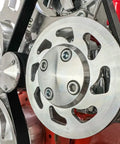 Close-up of Serpentine Pulley Conversion Kit with AC PS and Alternator for Small Block Chevy USA Made 6061T6 Billet Aluminum.