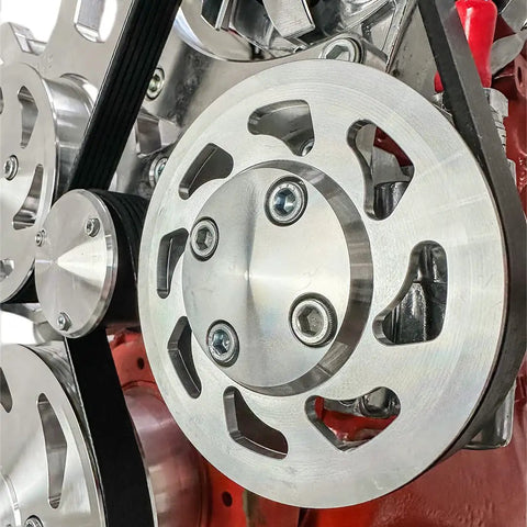 Close-up of Serpentine Pulley Conversion Kit with AC PS and Alternator for Small Block Chevy USA Made 6061T6 Billet Aluminum.