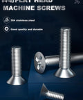 Hella Durable 4-40 Phillips Flat Head Machine Screws And Hex Nuts Assortment Kit Featuring 260 Pieces Of 304 Stainless Steel Countersunk Fasteners With Locking Washers showing flat head screws in 304 stainless steel.