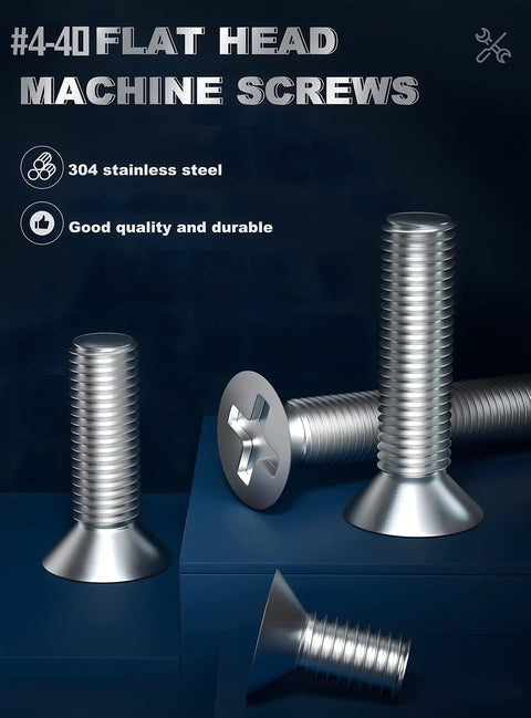 Hella Durable 4-40 Phillips Flat Head Machine Screws And Hex Nuts Assortment Kit Featuring 260 Pieces Of 304 Stainless Steel Countersunk Fasteners With Locking Washers showing flat head screws in 304 stainless steel.