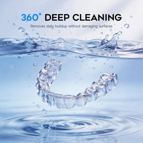 Dynamic Pro Grade 42 to 48 kHz Retainer Cleaner Machine With Digital Timer 200ml Mouth Guard Pod for Aligners Night Guards Dental Trays Braces and Toothbrushes White with clear aligner in water