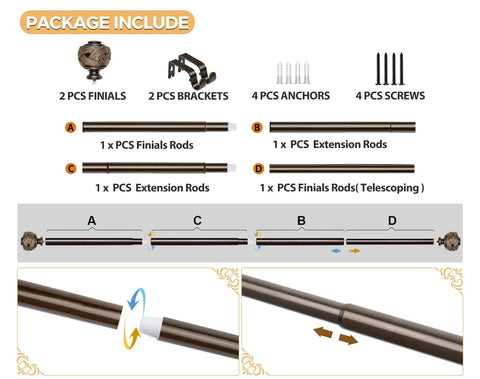 Package contents of Bronze Telescoping Curtain Rod With Splicing Design Adjustable 32 To 58 Inches 7/8 Inch Diameter Leaf Finials
