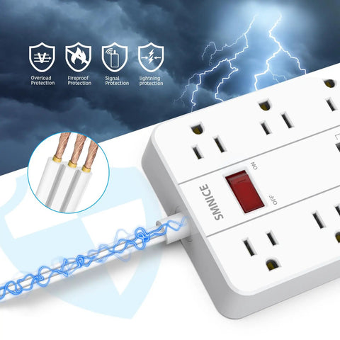 Power Strip With USB Ports And Surge Protector, Flat Plug, Eight Widely Spaced Outlets And Six USB Ports Including USB C, Five Foot Cord, Wall Mountable Charging Hub For Your Phone Tablet Laptop And Other Gear, illustrating cable protection and lightning in the background