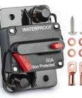 Badass 50 Amp Circuit Breaker Featuring Manual Reset And Waterproof Inline Design For Marine Trolling Motors ATV Trucks with connectors.