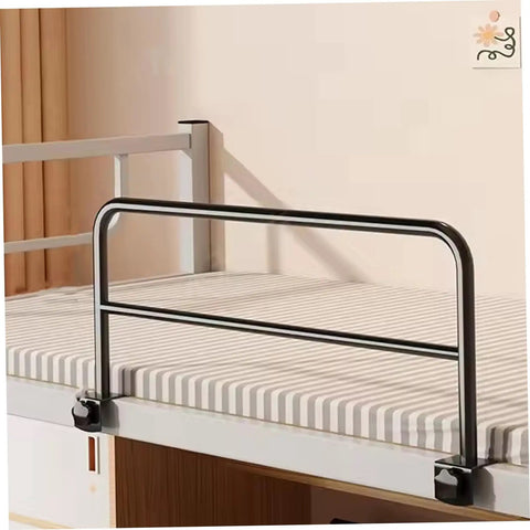Adjustable Drill-Free Clip-On Bed Rails For Adults And Seniors in metal, attached to a bed with striped mattress, side view