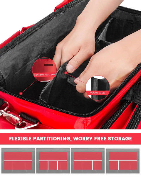 Hands adjusting dividers in EMT First Aid Bag For Pros, Water Resistant Medical Kit With 360 Degree Reflective Trim, 21 Compartments.