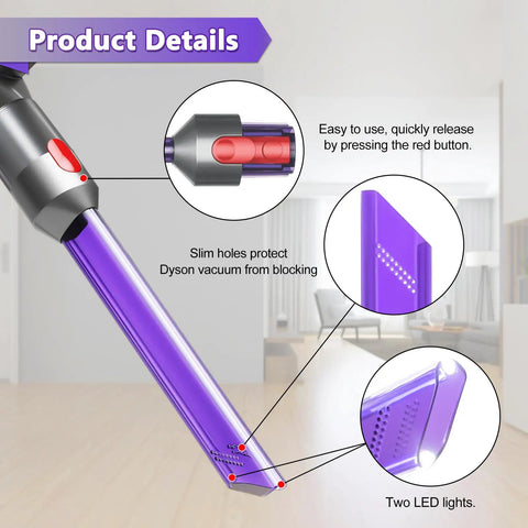 Detailed view of LED Light Pipe Crevice Tool Replacement For Dyson V7 V8 V10 V11 Vacuum Cleaners with LED features and easy release.