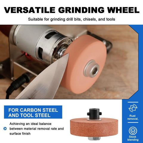 No Sweat Electric Mini Belt Sander And Knife Sharpener in use with versatile grinding wheel on knife, suitable for tool and drill bit grinding.