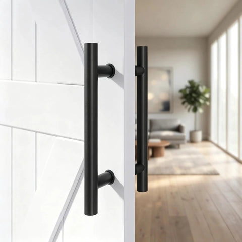 12 Inch Double Sided Door Pull Handle Matte Black SUS304 Stainless Steel Heavy Duty For Commercial Glass Doors And Residential Wood Barn And Metal Doors on white door